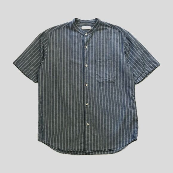 Uniqlo Blue Striped Linen Short Sleeve Classic Casual Mens Shirt - L - Picture 1 of 7